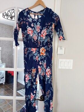 Youth Navy Floral Long-Sleeve Jumpsuit